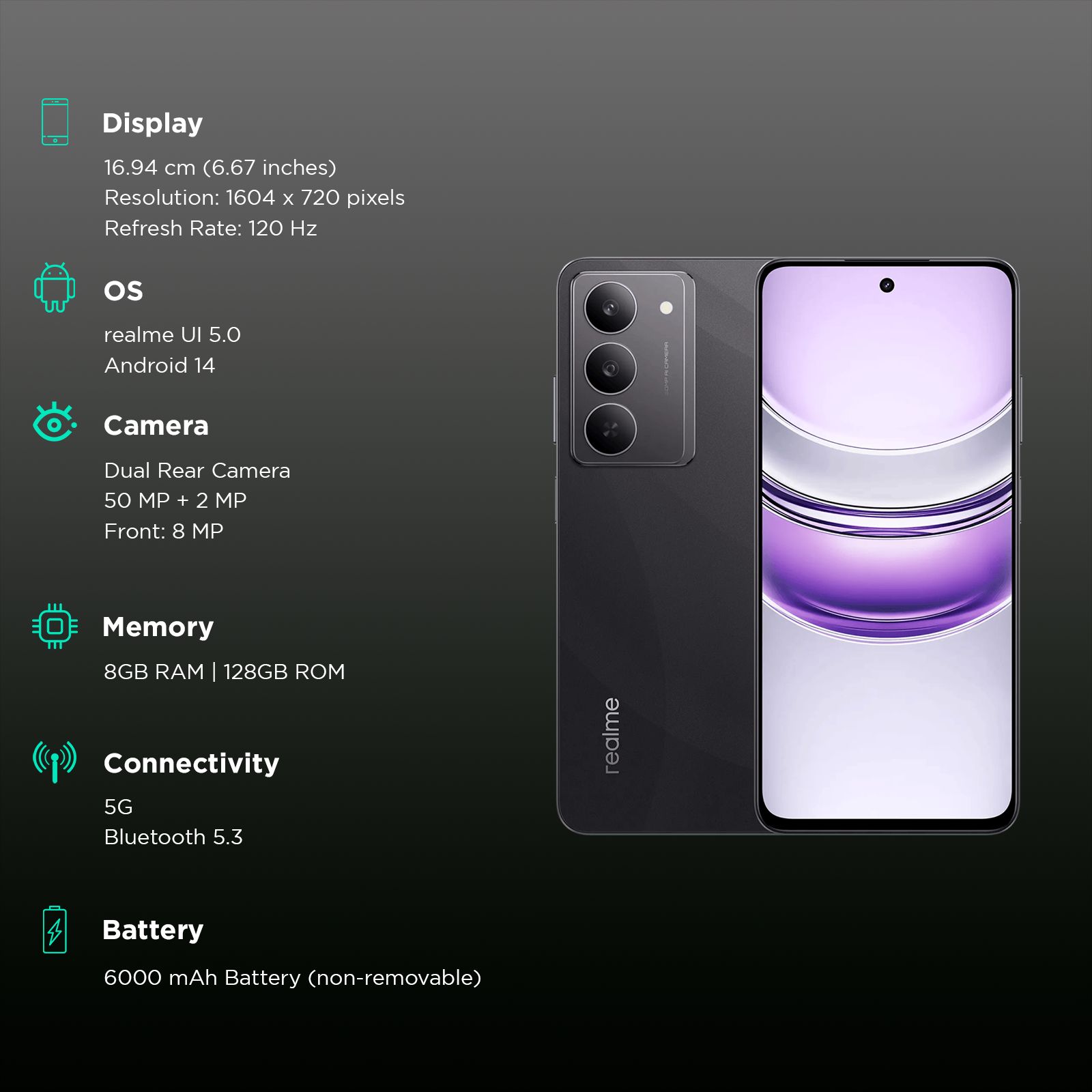 Buy realme 14x 5G (8GB RAM, 128GB, Crystal Black) Online - Croma